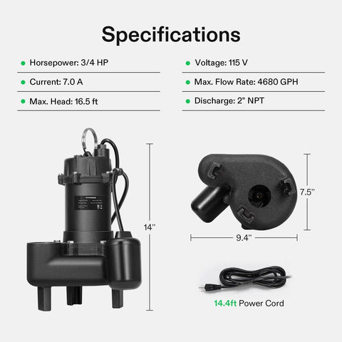 Beefy 3/4 HP Submersible Sewage Pump With Cast Iron Sump 4680 GPH Automatic Adjustable Float Switch 2 Inch NPT Discharge