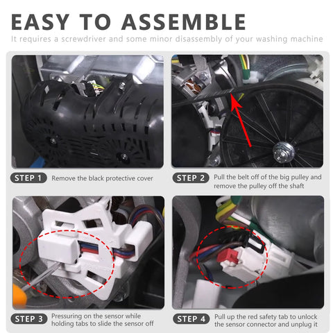 Washer speed sensor replacement guide collage showing steps: remove cover, release belt, unplug sensor, unlock connector