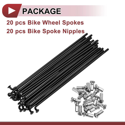 20 Pack 12G Bicycle Spokes 130mm Carbon Steel Black Set For Wheel Repair And Wheel Build Projects Durable Black Finish Ready For High Tension Replacement, including spoke nipples, shown in a package.