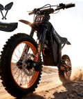 Soleil01 Electric Dirt Bike For Adults with black suspension fork and accessories on a trail, 2000W brushless motor for off-road fun.