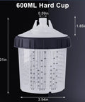 600ml hard cup from HVLP Spray Gun Kit With Paint Mixing Cup Pro Grade Auto Body Tool, 5.31in height, measurement markings visible