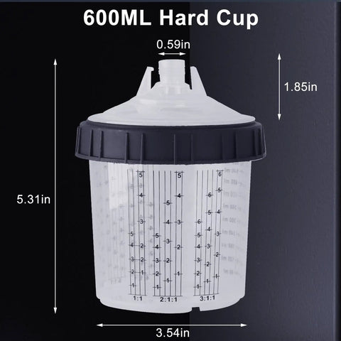 600ml hard cup from HVLP Spray Gun Kit With Paint Mixing Cup Pro Grade Auto Body Tool, 5.31in height, measurement markings visible