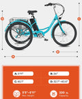 Electric Tricycle For Adults 26 Inch Trike With 250W Peak 500W Motor 468Wh Removable Battery 31 Mile Range Three Modes 3 Wheel Electric Trike For Seniors Teal Color Easy Ride For Daily Commute, side view with size chart