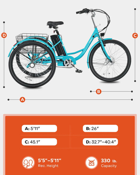 Electric Tricycle For Adults 26 Inch Trike With 250W Peak 500W Motor 468Wh Removable Battery 31 Mile Range Three Modes 3 Wheel Electric Trike For Seniors Teal Color Easy Ride For Daily Commute, side view with size chart