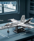 F-18 Hornet Fighter Jet Building Set With 1,387 Pieces Display Stand on table, dimensions shown, realistic military aircraft model