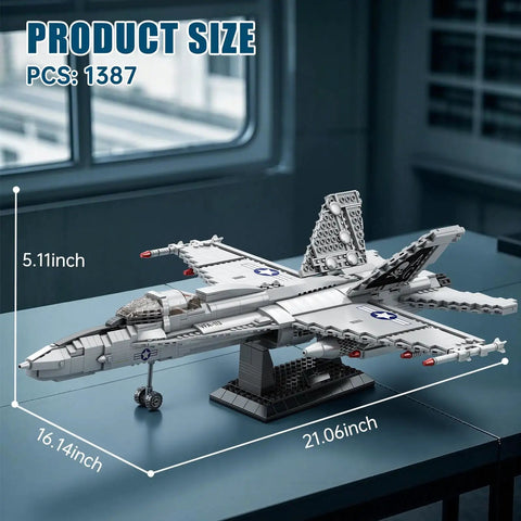 F-18 Hornet Fighter Jet Building Set With 1,387 Pieces Display Stand on table, dimensions shown, realistic military aircraft model