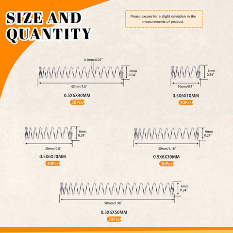 Diagram of 150 Piece Compression Springs Set In 5 Sizes Featuring 0.5mm Wire And 6mm Outer Diameter With 10mm To 50mm Lengths Stainless