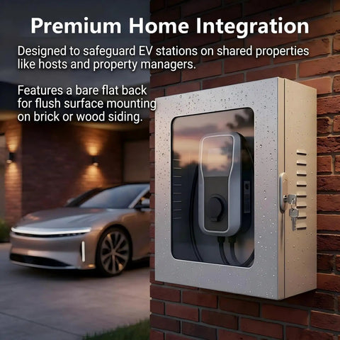 Beefed Up EV Charging Station Shelter Featuring A Tempered Glass Panel And Solid Key Lock designed for flush mounting on brick siding.