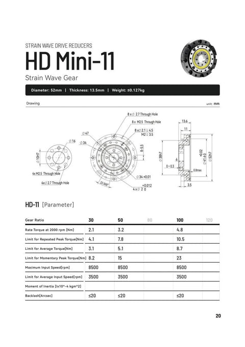 Technical diagram and specifications for HD11 Strain Wave Gearbox 52mm Low Backlash Reducer For Nema 17 BLDC Motor CNC and Factory Automation.