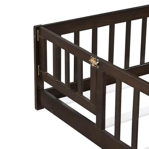 Corner view of Queen Size Rubber Wood Bed Frame With Safety Guardrails And Door, Heavy Duty Floor Bed Foundation Supports Up To 500 Lbs No Box Spring Needed Durable Guard Rails For Safe Sleep