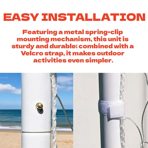 Close-up of metal spring-clip and Velcro strap on Portable Backyard Soccer Goal 6x4 Ft With Net And Ground Stakes, Heavy Duty Steel Frame