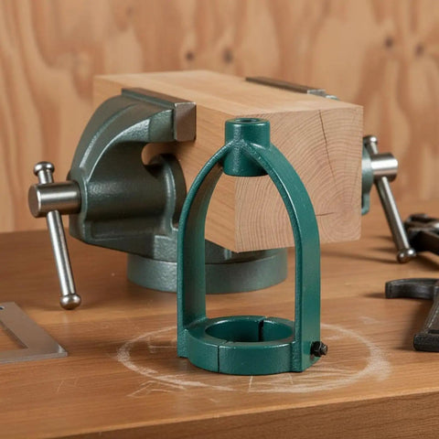 Upgrade Your Woodworking With This Heavy Duty Mortising Machine Drill Press Attachment next to a wood clamp and block.