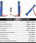 Image displaying Heavy Duty Portable Two Post Car Lift With 8000 Lbs Capacity And Electric Lock Adjustable Height Up To 51 Inches specifications.