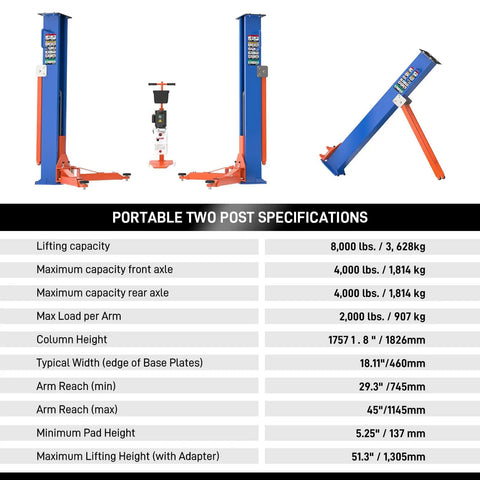 Image displaying Heavy Duty Portable Two Post Car Lift With 8000 Lbs Capacity And Electric Lock Adjustable Height Up To 51 Inches specifications.