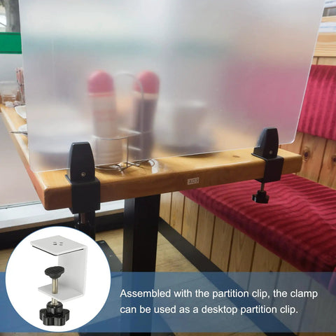 Heavy Duty C Clamps 2 Pack White Metal Desk Clamp With Protective Pads securing acrylic partition on wooden desk