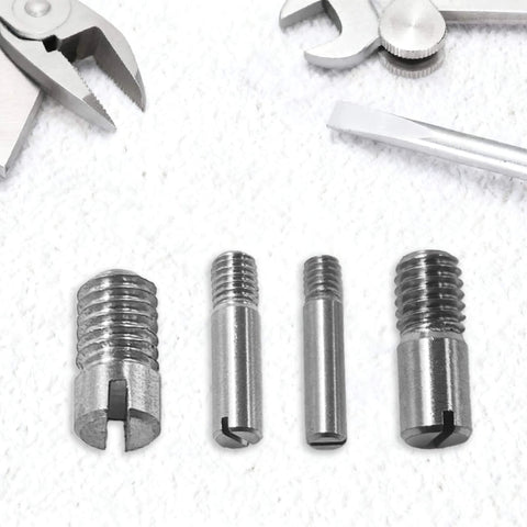 Four 12Pcs M5 X 20mm Slotted Cylindrical Pins in 304 stainless steel shown with tools for mechanical assembly.