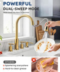 WOWOW 2 Handle Kitchen Faucet 4 Hole with Sprayer and Soap Dispenser in gold, demonstrating washing dishes with dual-sweep mode.