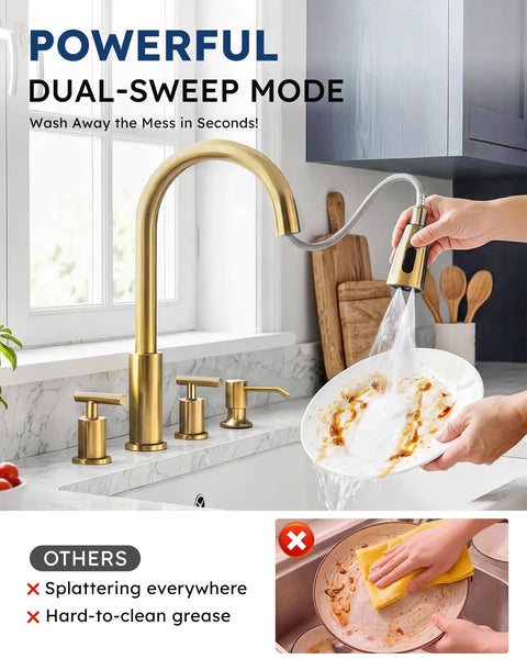WOWOW 2 Handle Kitchen Faucet 4 Hole with Sprayer and Soap Dispenser in gold, demonstrating washing dishes with dual-sweep mode.