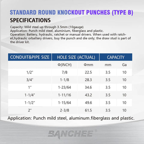 Hydraulic Knockout Hole Punch Set 1/2 To 2 Inch Electrical Conduit Cutter Kit For Metal specifications chart