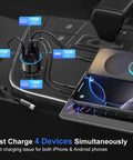 Quad Port Usb C Car Charger With Digital Voltage Gauge And Pd Fast Charge Tech For All Phones And Tablets Road Trip Ready Slick Black Finish, charging multiple devices.
