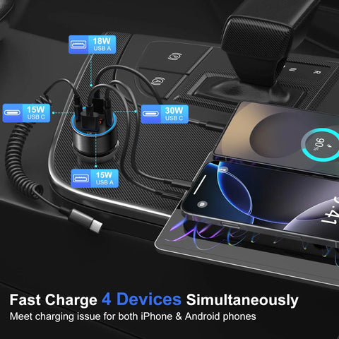 Quad Port Usb C Car Charger With Digital Voltage Gauge And Pd Fast Charge Tech For All Phones And Tablets Road Trip Ready Slick Black Finish, charging multiple devices.