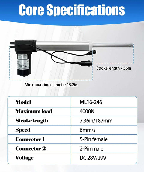 Power Recliner Motor Kit 187mm Stroke Linear Actuator Replacement specs and dimensions with model ML16-246