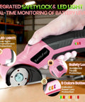 SamtuFast Cordless Electric Scissors, Lightweight Rotary Box Cutter showing LED light and safety lock for secure use.