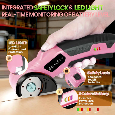 SamtuFast Cordless Electric Scissors, Lightweight Rotary Box Cutter showing LED light and safety lock for secure use.