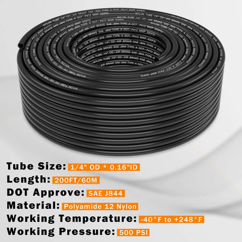 Coiled black DOT Approved Quarter Inch PA12 Nylon Pneumatic Tubing, 200 Feet Long, Workhorse Heavy Duty Air Line for Semi Trucks and Industrial Air Systems