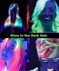 Women with neon hair glowing under black light, demonstrating effects of 8W UV LED Black Light Bulbs A19 E26 Pack Of 2 For Glow In The Dark