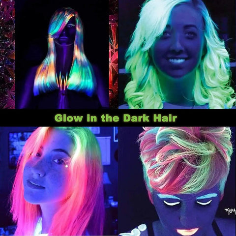 Women with neon hair glowing under black light, demonstrating effects of 8W UV LED Black Light Bulbs A19 E26 Pack Of 2 For Glow In The Dark