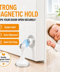 White Magnetic Door Stopper No Drill Wall Or Floor Mount With Slick 3D Adhesive Backing And Solid Steel Hardware For Slam Free Quiet Auto Closure Heavy Duty Home Fixes viewed with soft contact design and stable hold