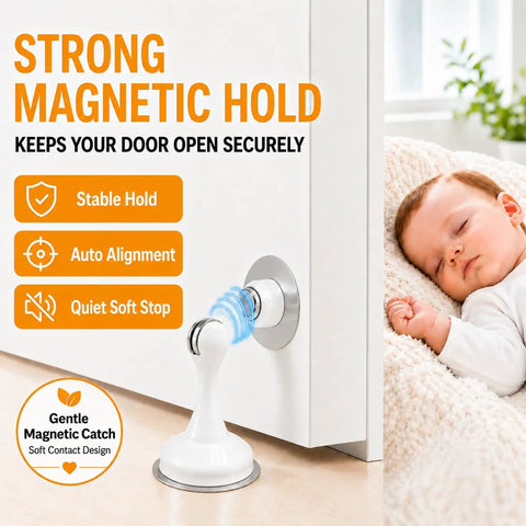 White Magnetic Door Stopper No Drill Wall Or Floor Mount With Slick 3D Adhesive Backing And Solid Steel Hardware For Slam Free Quiet Auto Closure Heavy Duty Home Fixes viewed with soft contact design and stable hold