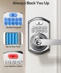 Slick Keyless Entry Door Lock Handle With Built In Keypad In Satin Nickel showcasing backlit keypad and battery alert features.