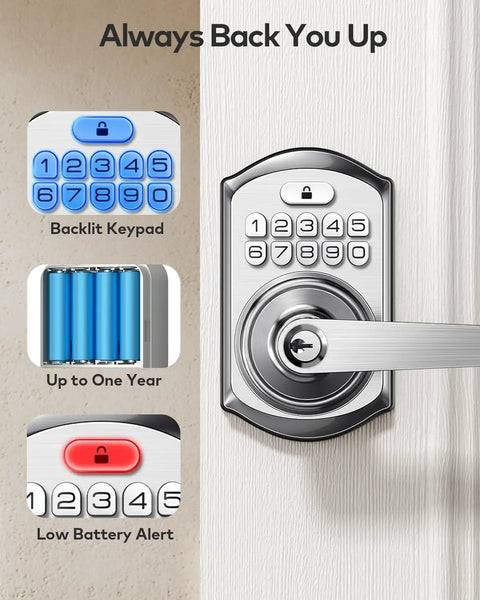 Slick Keyless Entry Door Lock Handle With Built In Keypad In Satin Nickel showcasing backlit keypad and battery alert features.