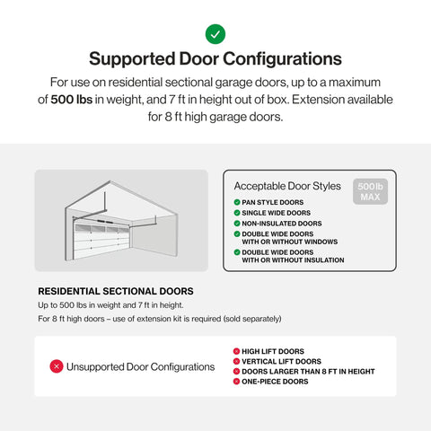 QuietLift Connect WiFi Smart Garage Door Opener With Wireless Keypad Ultra Quiet Three Quarter HPC Belt Drive Works With Alexa And Google Assistant Model 3053 TKV supported door configurations diagram
