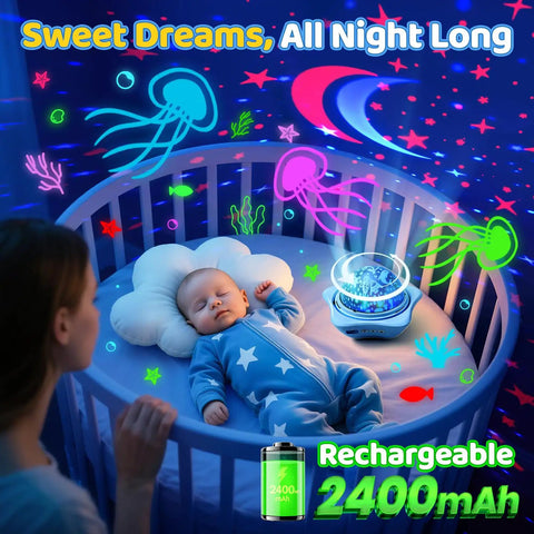 Star Projector Night Light For Kids With 6 Films And 78 Lighting Modes illuminating a nursery with a sleeping baby.