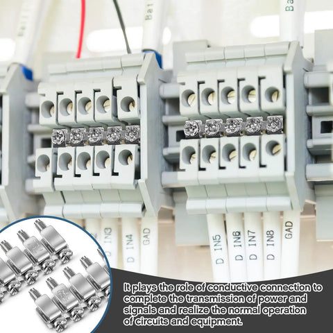 10 Pack FBI-10-6 Fixed Bridge Jumpers for Din Rail Terminal Blocks installed on panel with terminal connections visible