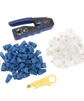 All-In-One RJ45 Ethernet Crimping Tool with connectors and cable boots for Cat5, Cat5e, Cat6, and Cat6A wiring setup