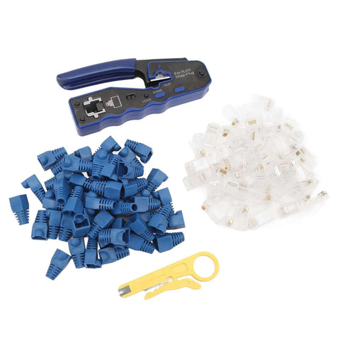 All-In-One RJ45 Ethernet Crimping Tool with connectors and cable boots for Cat5, Cat5e, Cat6, and Cat6A wiring setup