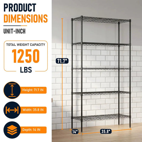 5-Tier Wire Shelf Storage Rack In Black, Heavy-Duty Steel, 36 x 14 x 72 Inch, Handles Up To 250 Lbs Per Level, 1250 Lbs Total Capacity, Perfect Kitchen Or Garage Organizer For Real Go-To Storage Power. 71.7 in tall