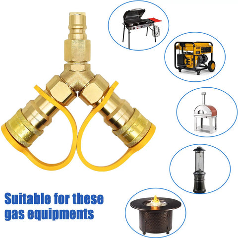 Three Eighths Inch Natural Gas Y Splitter With Dual Outlets Low Pressure Quick Connect Disconnect Separator Adapter shown