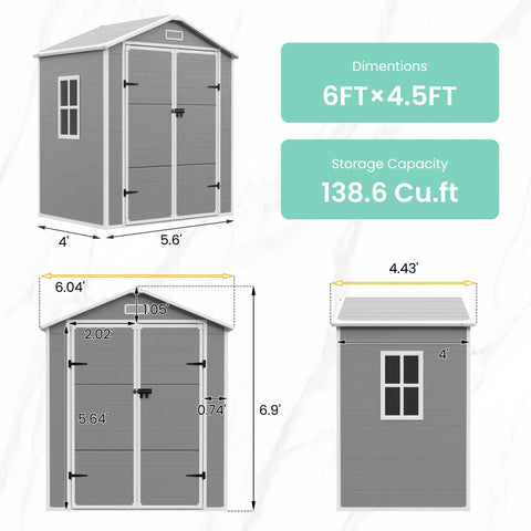 Outdoor Resin Storage Shed 6 By 4.5 Feet Lockable Plastic Garden Shed For Bikes Tools Gear And Garbage Cans Gray And White Ideal For Backyards Patios And Lawns with dimensions shown