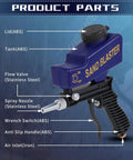 Grab And Go Gravity Feed Sandblaster Gun With Slick Flow Control And Comfort Grip, showcases components labelled, ABS and stainless steel parts.