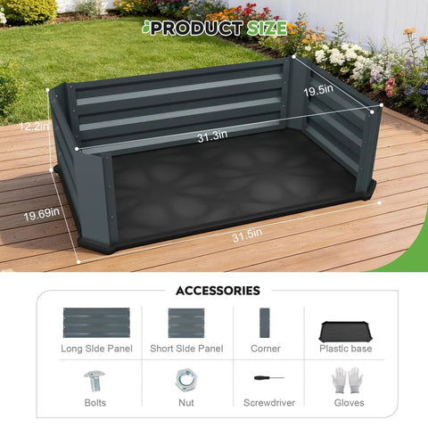 Two Pack Galvanized Raised Garden Beds With Bottom Indoor And Outdoor Use Rust Proof Metal Planter Box shown with dimensions on patio