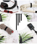 150 Piece Reusable Cable Ties Set With 4, 6, 8, 10 Inch Hook And Loop Straps, Multi Purpose Wire Ties, Adjustable Cord Organizer For Home Office And Data Center Black in use organizing cables and objects.