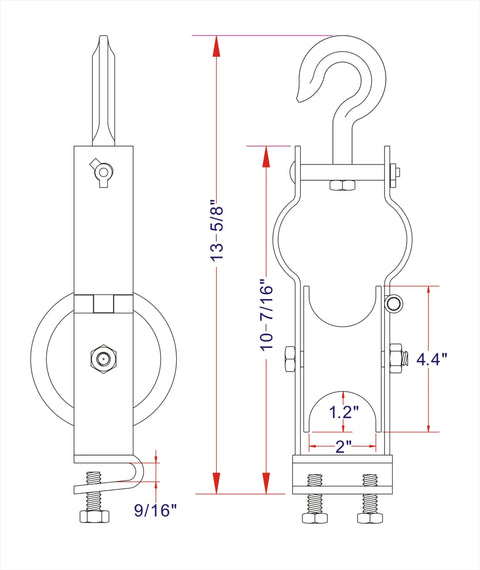 Diagram of Beefy Heavy Duty Cable Pulley for Power, Ethernet, and Fiber Optic Installations with measurements shown