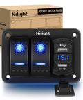 2 Gang Rocker Switch Panel All In One With Dual USB Charger And Volt Meter Waterproof 12V 24V DC For Cars Trucks Boats RVs Marine Outdoor Use Night Glow Stickers, black housing