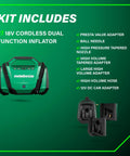 Kit includes Go-To 18V MultiVolt Cordless Dual Function Inflator With High Pressure And High Volume Modes 160 PSI Max LED Light