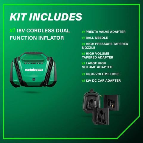 Kit includes Go-To 18V MultiVolt Cordless Dual Function Inflator With High Pressure And High Volume Modes 160 PSI Max LED Light